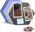 Uoisaiko 12" Large Bulletin Board with 15 Push Pins, Pack of 4 Hexagon Felt Pin Board Notice Boards for Home Office, Felt Wall Tiles for Photos Memos (Blue Grey)