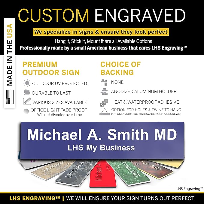 Personalized Name Plate with Choice of Mounting Holders for Walls, Doors, Cubicles, Hanging and More - Custom Purple Plastic White Letters - USA Made 2x10 - B13