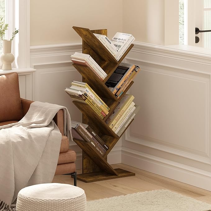 Furinno Tree Book Shelf, 7-Tier Bookshelf, Tree Bookcase for Room Decor, 8.4 x 15.7 x 39.4, for Living Room, Bedroom, Home Office, Amber Pine