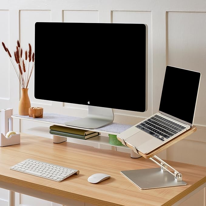 Branch Monitor Stand - Elegant, Durable Powder-Coated Steel Stand with Soft Felt Liner - Small Monitor Riser Second Tier Storage - Installs with a Universal Clamp for Ergonomic Workspace - Charcoal