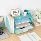 OPNICE Desk Organizer, 4-Tier Desktop File Organizer with Drawer and 2 Pen Holders, Office Desk Accessories, File Sorters, Workspace Organizers for Office Supplies(Teal Blue)