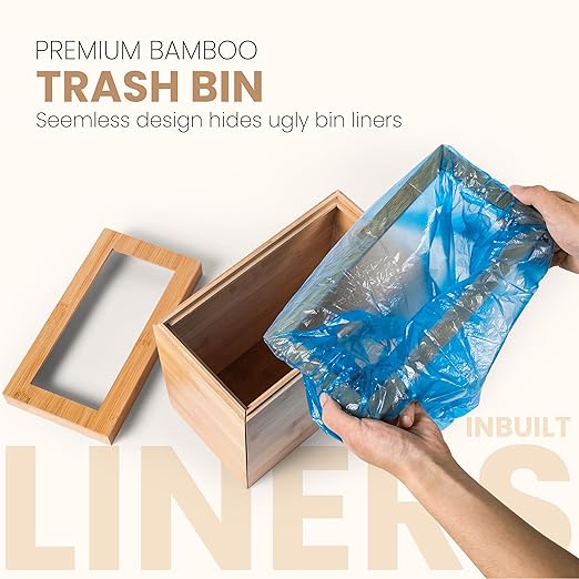 Varnuix Bamboo Trash Can with Bin Liner Built-in Frame and Premium Lid - Wooden Bathroom Trash can, Bamboo Wastebasket for Bathroom, Bedroom, Living Room, Kitchen or Office