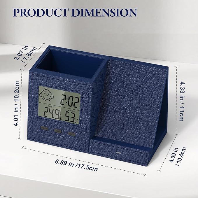 TopMade Wireless Charger with Pen Holder, PU Leather Desk Nightstand Organizer Fast Charging Station, Home Office Supplies Pencil Holder, Digital Thermometer and Humidity Gauge, Gifts for Men(Blue)