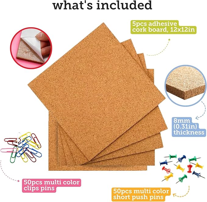 Incraftables Cork Board Tile Squares – 5 Piece 12x12 Self-Adhesive Squares for Bulletin Boards, Wall Corkboards, Vision Boards, Pin Boards, Office & Craft Projects