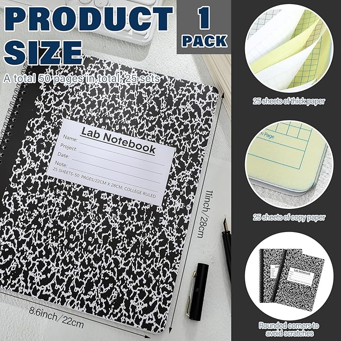 Affrolling 1 Pack Carbonless Lab Notebook Carbon Copy 8.5'' x 11'' 25 Sets of Pages 50 Pages Total Laboratory Engineering Chemistry Computation Notebook Science Grid Coil Binding(Black and White)