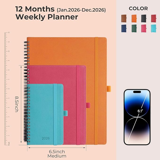 IN-LUXPRO Planner 2026 Daily Weekly and Monthly,8.5"x6.5",12 Months Spiral Bound Calendar Agenda with Self-adhesive Pen Holder,2026 Appointment Book with Vegan Leather Soft Cover,Orange