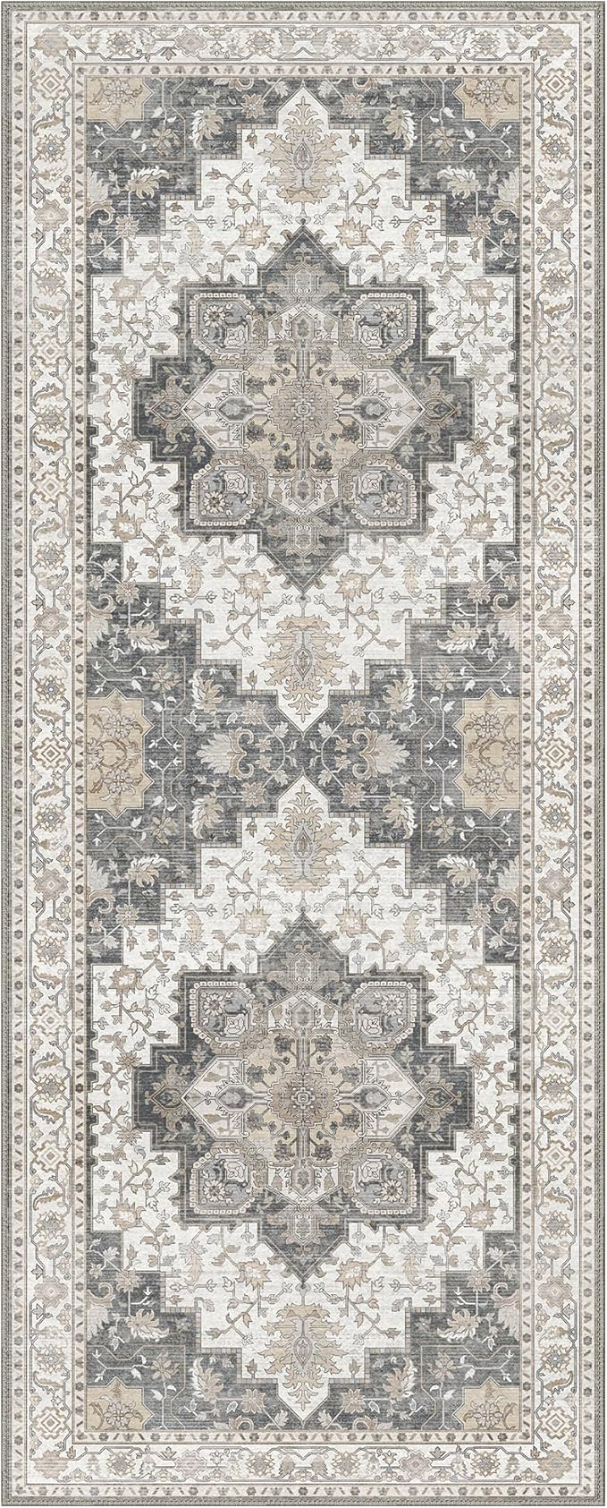 GENIMO 2x5 Runner Rugs for Hallway, Machine Washable Non Slip Vintage Retro Rugs, Low Pile Lightweight Soft Print Rug for enrtyway, Corridor, Home Office, Kitchen, Heathered Grey