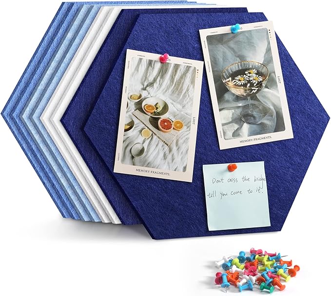 Uoisaiko 12" Large Bulletin Board with 30 Push Pins, Pack of 8 Hexagon Felt Pin Board Notice Boards for Home Office Kitchen, Felt Wall Tiles for Photos Memos