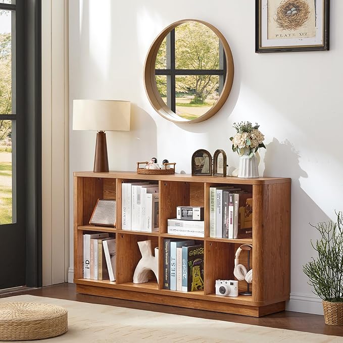 Joaxswe 8 Cube Storage Book Shelf, 52" Long Horizontal Bookshelf with Curved Edge, Floor Standing Wooden Cubby Bookcase with Base, Low Modern Console Book Case, TV Stand for Living Room, Brown