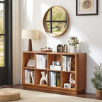 Joaxswe 8 Cube Storage Book Shelf, 52" Long Horizontal Bookshelf with Curved Edge, Floor Standing Wooden Cubby Bookcase with Base, Low Modern Console Book Case, TV Stand for Living Room, Brown