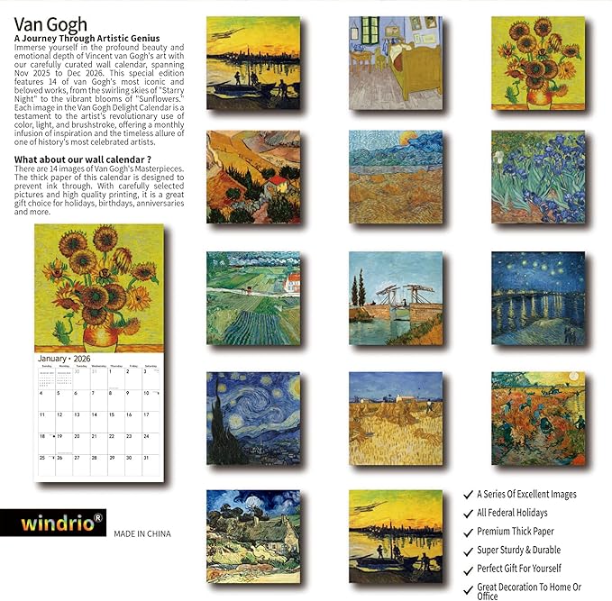 2026 Wall Calendar,Calendar 2026, November 2025 - December 2026, Wall Calendar van Gogh, 12" x 24" Opened,Full Page Months Thick & Sturdy Paper for Calendar Organizing & Planning