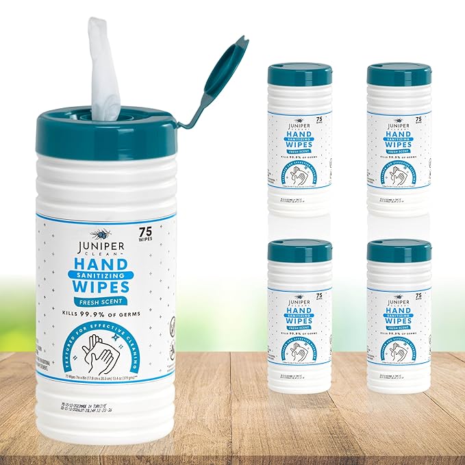 Juniper CLEAN, 4 Pack Hand Sanitizing Wipes, 300 Count Canister Disposable Hand Sanitizer Wipes, Fresh Scent, Lint Free & Durable