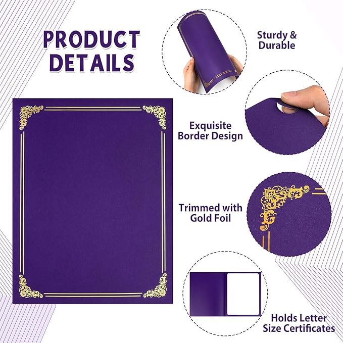 gisgfim 15Pcs Certificate Holders Diploma Covers Single Sided Gold Foil Border Award Covers for Letter Size 8.5x11 Certificates Cardstock Document Papers Storage Organizer (Purple)