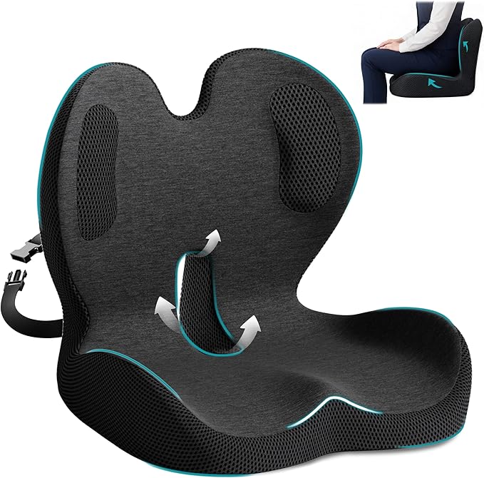 Memory Foam Seat Cushion,Office Chair Cushion with Lumbar Support,L-Shape Ergonomic Cushions with Strap,Non-Slip Sciatica,Hemorrhoids, Tailbone Pain Relief for Office Workers,Driver (Black+ Gray)