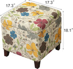 Adeco 18 Inch High Cube Ottoman Storage, Floral Printed Linen Chair Foot Stools, Upholstered Vanity Stool with Hinged Lid, Solid Wood Legs
