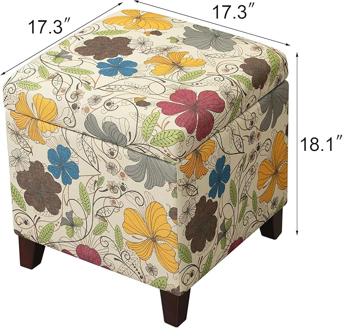 Adeco 18 Inch High Cube Ottoman Storage, Floral Printed Linen Chair Foot Stools, Upholstered Vanity Stool with Hinged Lid, Solid Wood Legs