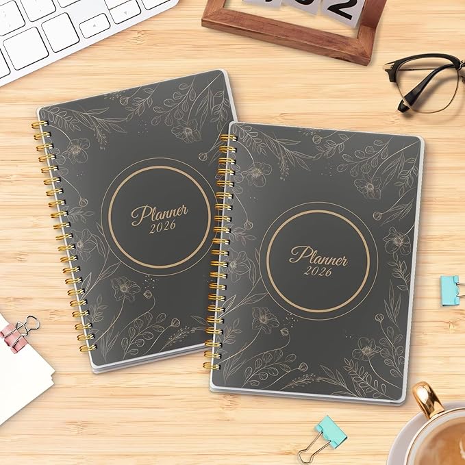 2026 Planner, Weekly and Monthly Planners with Tabs, A5 Spiral Bound Daily Calendar 2026 Planner, 12 Month Agenda Organizers from Jan. to Dec., Flexible Cover Appointment Book(Black Gold Flower)