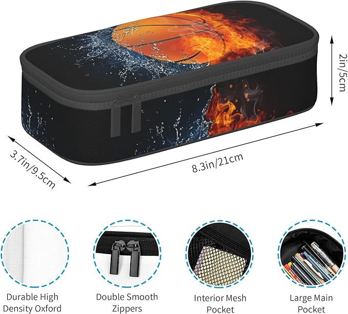 Basketball Pencil Box Black Kids Pencil Case for Boys Youth, Big Capacity Canvas Pen Pouch Marker Bag, Portable Travel Storage Box Desk Office Organizer, Sports-Themed Stationery Organization Bag