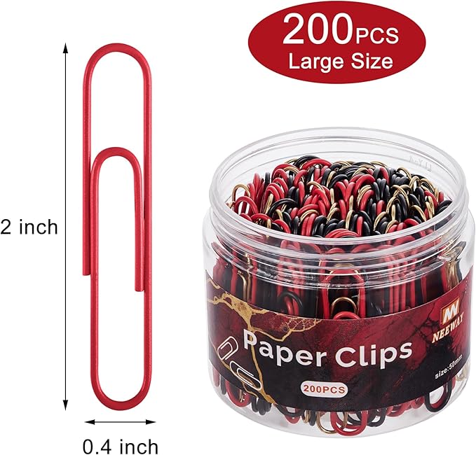 NEEWAY 200pcs Large Paper Clips, 2 Inch Jumbo Paper Clip, Ceative Colored Paperclips for Paperwork Office School and Personal Use