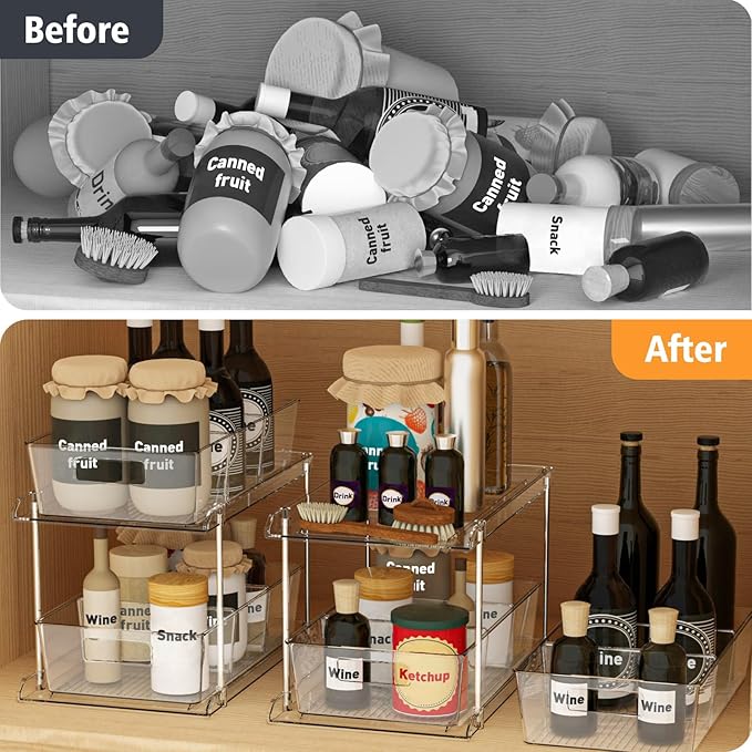 Fabspace Pull-out Home Organizer, 2 Pack 2 Tier Clear Bathroom Organizer with Dividers, Multipurpose Vanity Counter Tray, Kitchen, Closet Organizers, Cabinet & Storage Container Bins