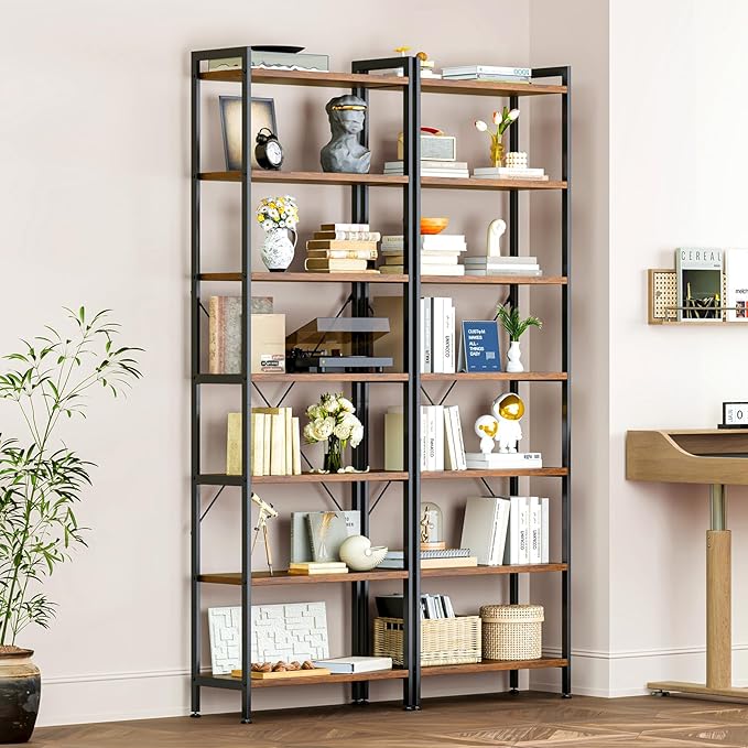 Casaottima Book Shelf, 7 Tier Tall Bookshelf, Modern Wood Bookcase Shelves for Bedroom, Industrial Display Shelf for Living Room Home Office Kitchen, Standing Shelving Unit Storage Organizer, Vintage