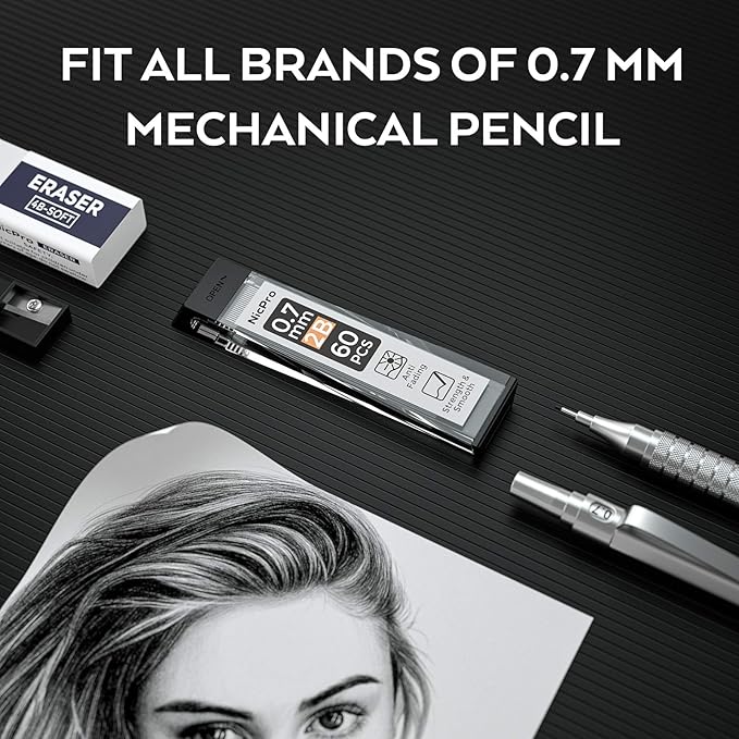Nicpro 600pcs Mechanical Pencil Refills 0.7 mm, Break Resistant Mechanical Pencil Refills 2B, 60 Pack Per Tube, 10 Tubes