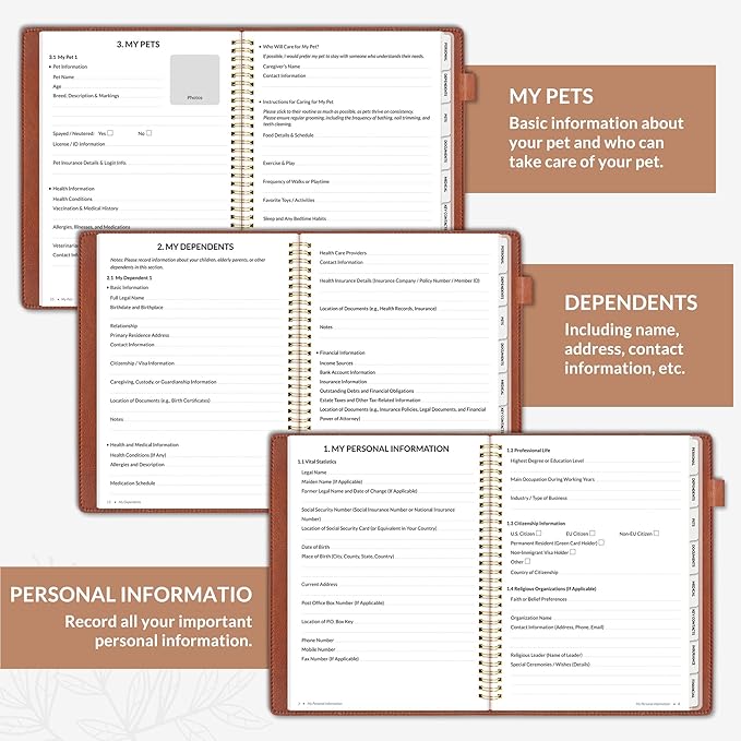 SUNEE End of Life Planner - I‘m Dead Now What Planner, Large Print Spiral-Bound Estate Organizer with Tabs for Seniors & Family. Covers Final Wishes, Passwords & Funeral Planning.A4（9"x11.2"), Brown