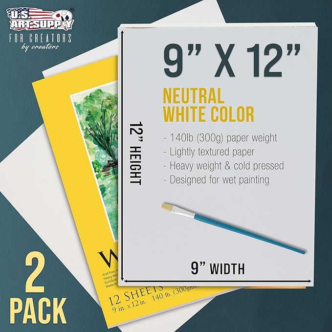U.S. Art Supply 9" x 12" Premium Heavyweight Watercolor Paper Pad, Pack of 2 (12 Sheets Each), 140lb (300gsm) - Cold Pressed, Acid-Free, Wet, Water Color Paper - for Artists, Students