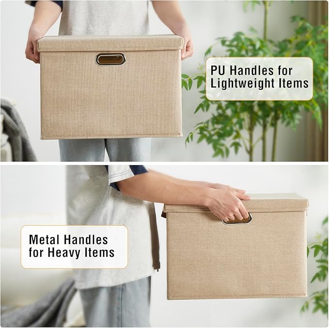 Roobyl 17" Large Collapsible Storage Bins with Lids, Stackable Closet Organizers with PU Handle and Labels, 3-Pack Decorative Fabric Storage Boxes for Home, Bedroom, Closet, Office, Nursery(Khaki)