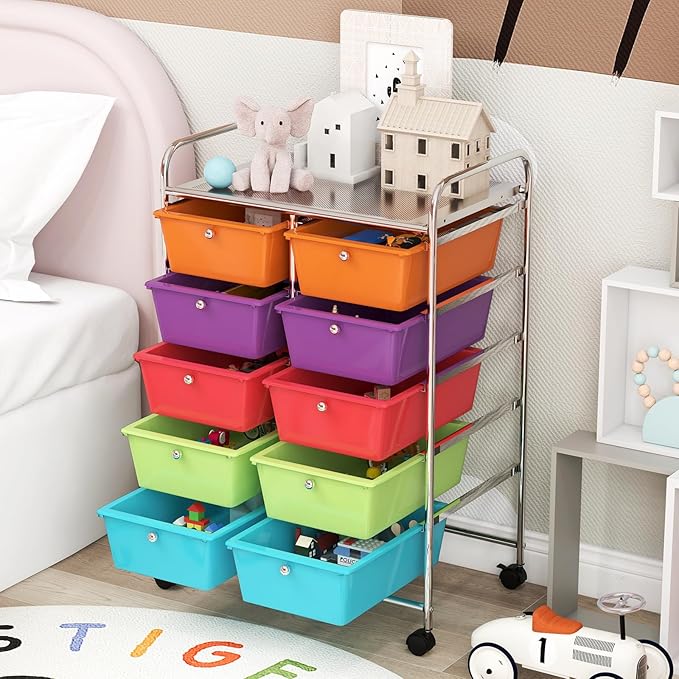 GOFLAME 10-Drawer Rolling Storage Cart, Art Craft Storage Organizer on Wheels, Multipurpose Movable Utility Cart for School, Office and Home, Multicolor
