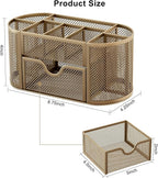 EasyPAG Mesh Pen Holder Desk Organizer with Drawer Stationery Supplies Organizer for Dorm School 9 Compartments Workspace Desk Accessories Organization for Office, Gold