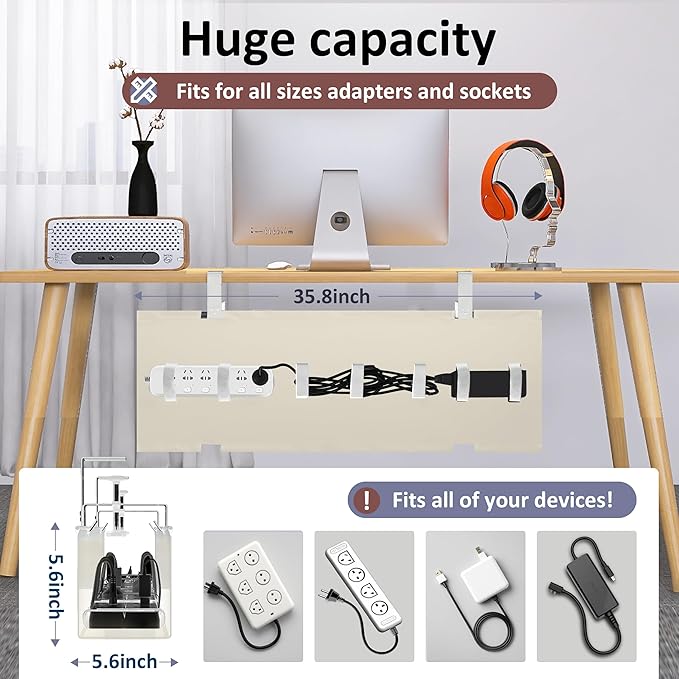 Cotohim Under Desk Cable Management Tray - Under Desk Cord Management - Clamp/Screw Mount - Fabric Wire Management - Cable Raceways Tray Cord Hiders for Office/Home (Beige, 35.8"×5.6")