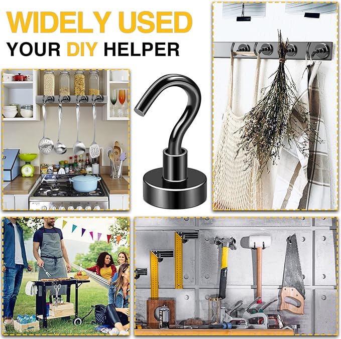 DIYMAG Magnetic Hooks for Hanging Cubicle Accessories, 30lbs 2026 Cruise Cabin Ship Essentials N52 Magnetic Hook Heavy Duty Strong Magnets Fridge for Classroom Beach Kitchen Grills 10 Pack Black