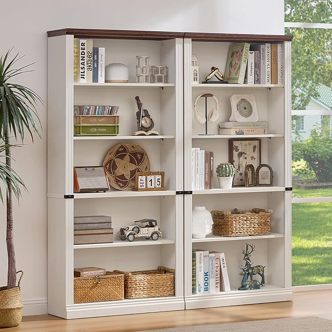 RWYHG 70" White Tall Bookshelf Set of 4,5-Tier Thick Wooden Book Shelf with Adjustable Shelves,Free Standing Farmhouse Bookcase with Open Display Storage,Floor Vintage Bookshelves for Living Room