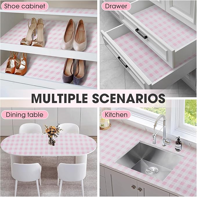 ALIUNI Drawer and Shelf Liner, Non-Slip Kitchen Cabinet Liners Non-Adhesive Thick Strong Grip Waterproof Washable Mats Protect Dresser Shelves Cupboard Bathroom Cabinets, Pink Plaid, 18 in X 10 FT