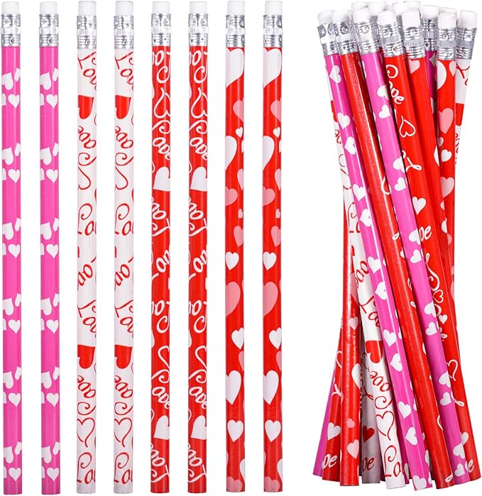 emzrivo 24 PCS Valentines Pencils Bulk Holiday Pencil with Top Erasers Wood Pencils for Classroom, 4 Style(24)