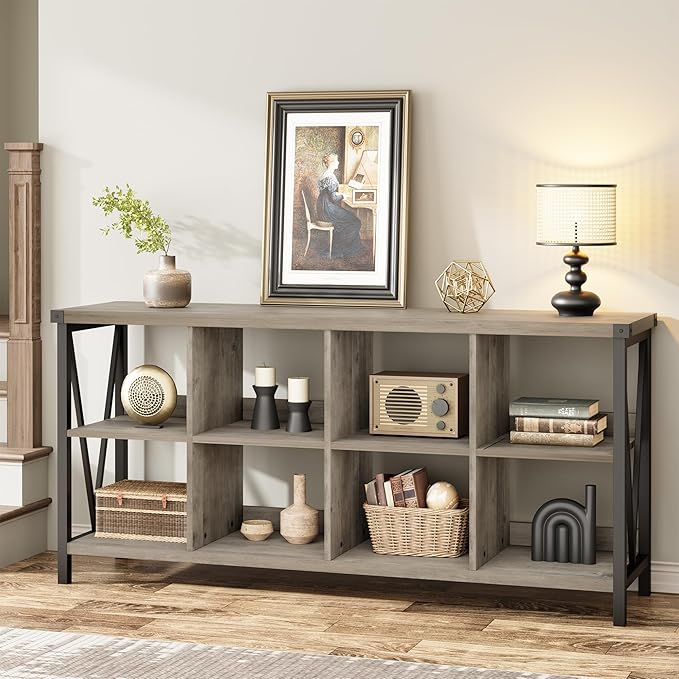 GarveeHome 8 Cube Storage Organizer Bookshelf, Farmhouse Horizontal Bookcase, 62 Inch Wood Storage Bookcase for Entryway, Long Low Bookshelves for Living Room (Grey, 8 Cube Metal)