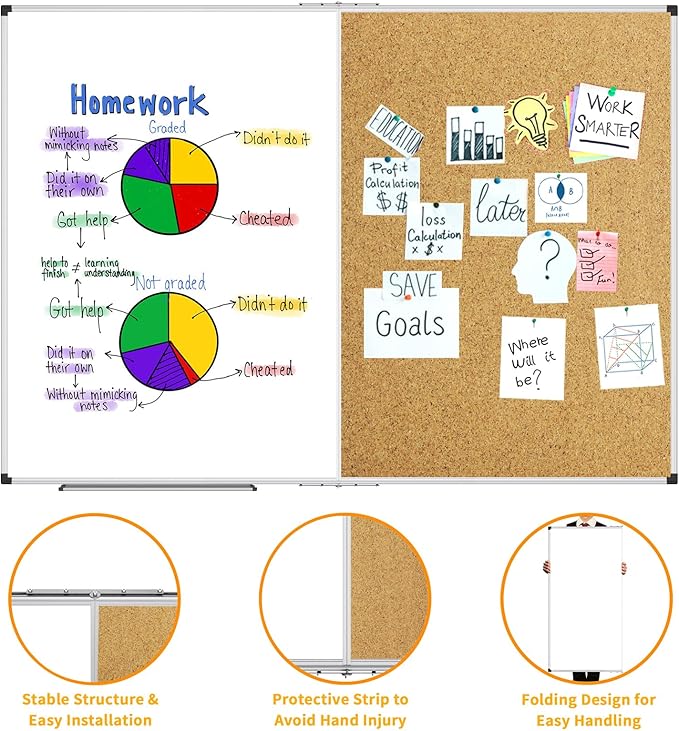 XBoard Extra Large Magnetic White Board and Bulletin Corkboard Combination, 60 x 40 Inch Foldable Dry Erase & Cork Combo Board for Wall with Aluminum Frame, 5' x 3' Notice Memo Board Pin Vision Board