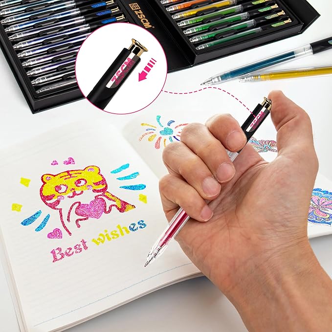 ZSCM Retractable Super Glitter Gel Pens, 24 Colors Large Capacity Metallic Sparkle Gel Ink Pens, 1 mm Fine Point Smooth Writing Color Pen for Adult Coloring Book Note Taking Aesthetic Art Supplies
