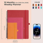 IN-LUXPRO Planner 2026 Daily Weekly and Monthly,8.5"x6.5",12 Months Spiral Bound Calendar Agenda with Self-adhesive Pen Holder,2026 Appointment Book with Vegan Leather Soft Cover,Red