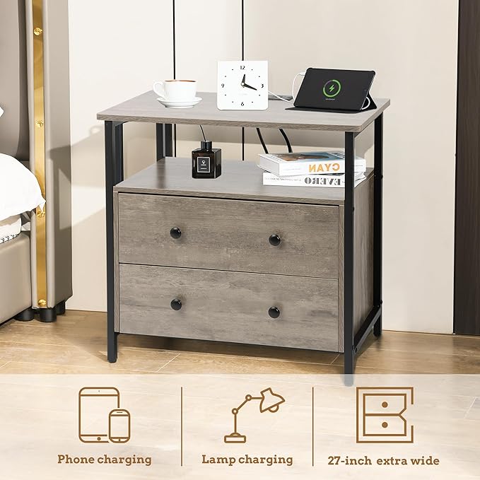 Edbuosy 27 inch Wide Night Stand with Charging Station, Bedside Table with Open Shelf, 2 Drawers Small Wood Dresser, Modern Wood Nightstand for Bedroom/Living Room (Rustic Gray)