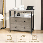 Edbuosy 27 inch Wide Night Stand with Charging Station, Bedside Table with Open Shelf, 2 Drawers Small Wood Dresser, Modern Wood Nightstand for Bedroom/Living Room (Rustic Gray)