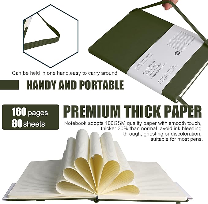 EMOMAS Lined Journal Notebook, 6Pack Hardcover Notebook for Men & Women – Journals for Writing, Work, School, Home & Daily Notes, 160 Pages – Medium A5, 5.7"x8", 100 gsm Thick Paper (Olive Green)