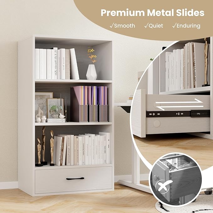 LOKO 4-Tier Bookcase with Storage Drawer, Modern Organizer Display Storage Shelves with Anti-toppling Device, Freestanding Bookshelf with 3 Open Shelves & 1 Drawer, Living Room, Study, Office (White)