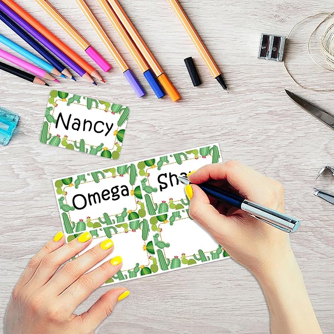 Wonmon 200 PCS Cactus Name Tags Stickers, Self Adhesive Cute Cactus Name Tag Labels Stickers for Back to School Classroom Student Office Desk Cubby Locker Themed Party, 2x3 inch