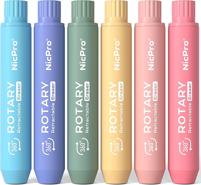 Nicpro 6 Pack Rotary Retractable Erasers, Soft TPE Twist Erasers in Cute Rainbow Colors, Clean Erasing Large Pencil Eraser for Students Kids, School Supplies, Office, Stationary, Drawing & Journaling