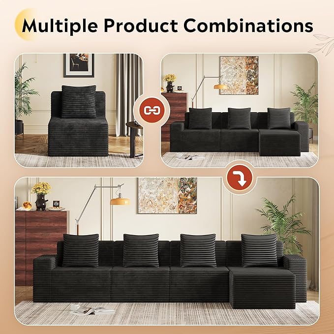 WLIVE 32'' Boneless Couch for Living Room, Modular Sectional Sofa, Cloud Memory Foam Couch L Shape with Chaise, Black