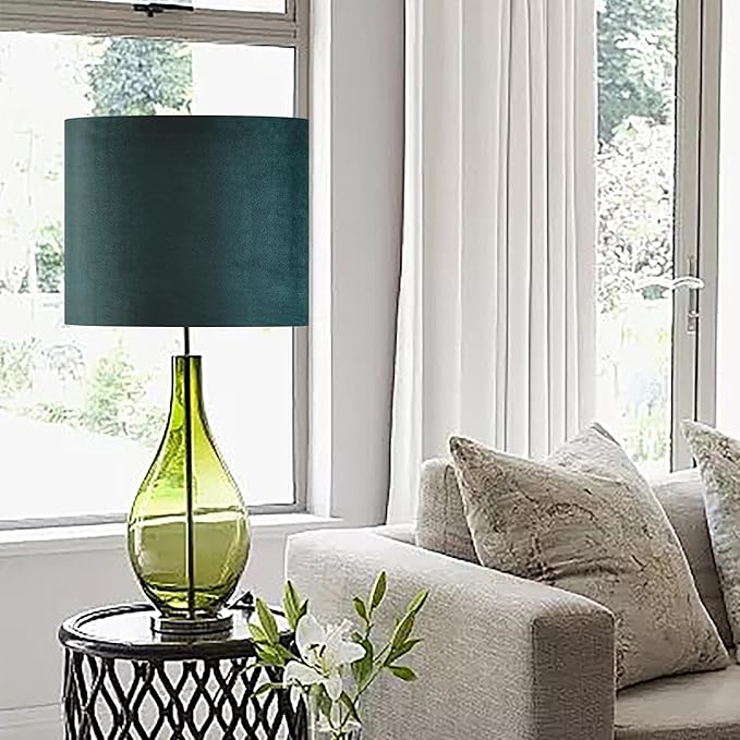 GO&SO Green Velvet Medium Lamp Shades Drum Lamp Shades 13" Top x 13" Bottom x 10" High (Spider) Modern Lampshade for Table Lamps & Floor Lamps & Bedside Lamps -Assembly Required - By GO&SO