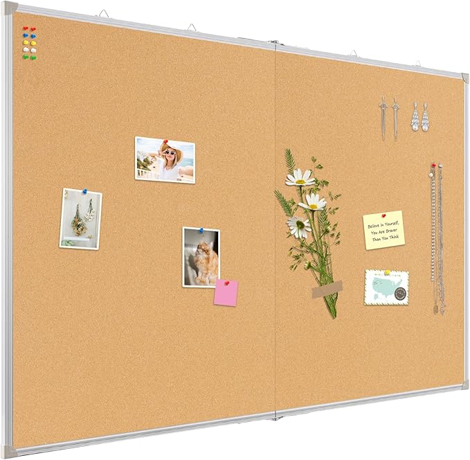 AMUSIGHT Double-Sided Large Cork Board, 60" x 40" Foldable Hanging Aluminum Framed Bulletin Board, Vision Board Pin Board Corkboards for Walls, Office, School Decor, 20 Pushpins