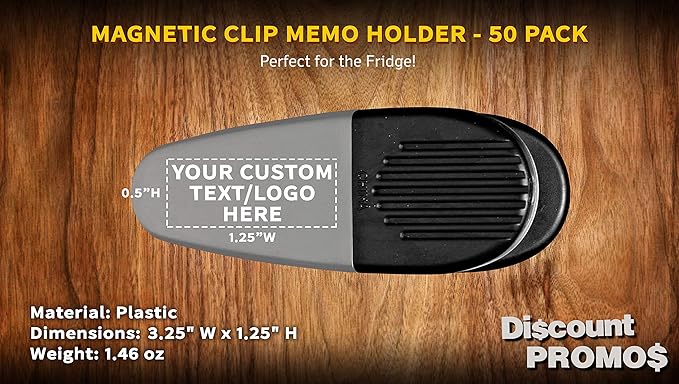 50 Magnetic Memo Holders Set - Customizable Text, Logo - Large Clip, Plastic - Silver Black